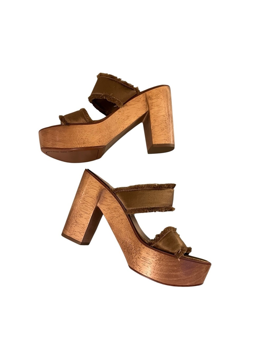 10 Crosby Derek Lam Platform Mule Sandals 7M Brown Fringe Wood Heel Boho Granola - Picture 5 of 10